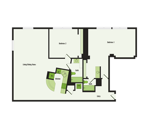 Floor plan for 2 beds, 2 baths, 1350 sqft